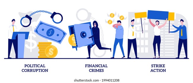 Political corruption, financial crimes, strike action concept with tiny people. Dishonest government abstract vector illustration set. Money laundering, social demonstration metaphor.