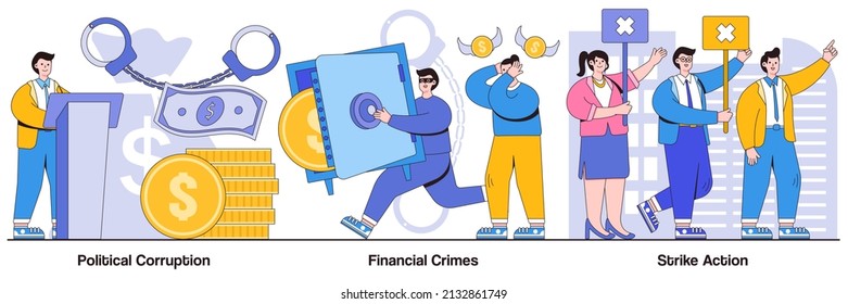 Political corruption, financial crimes, strike action concepts with people characters. Dishonest government abstract vector illustration pack. Money laundering, social demonstration metaphor.