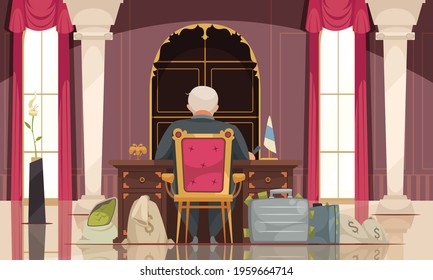 Political Corruption Flat Cartoon Composition With Corrupt Government Official In Office With Sacks Of Dollars Vector Illustration