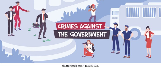 Political crime composition with flat outdoor scenery and human characters of criminal news reporters and police vector illustration