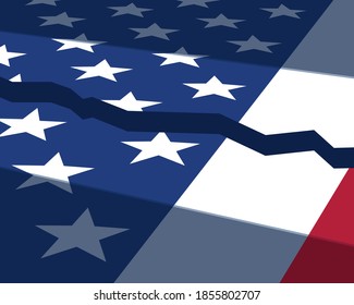 Political and cultural divisions of the USA represented with the Star-Spangled Banner crossed by a crack