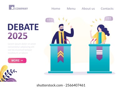 Political debate 2025, landing page template. Male and female politicians speak emotionally. People on podium speaking into microphones. Political candidates, election campaign. vector illustration