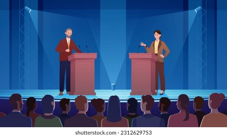 Political debate between two politicians on stage vector illustration. Cartoon man and woman talking in spotlights in front of crowd of people, public speech and dialogue with arguments of leaders