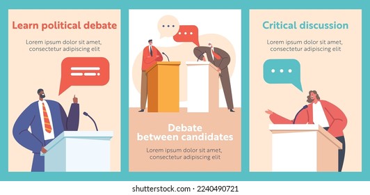 Political Debate Cartoon Banners With Candidates Speaking Behind the Desks, Fighting For Leadership And Conquering Power, Characters Calling To Vote For Them. Vector Illustration, Posters