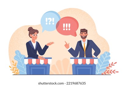 Political debate concept. Man and woman argue publicly, looking for flaws from each other. Democracy and elections, characters trying to become president, politics. Cartoon flat vector illustration