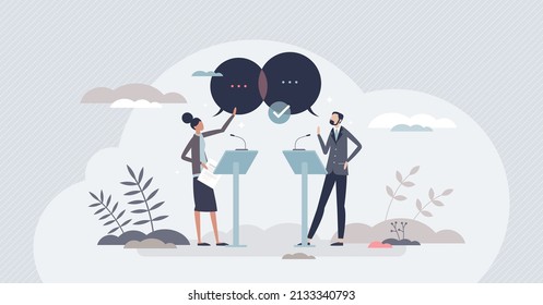 Political debate and discussion with candidate speakers tiny person concept. Public communication and democratic speech in front of audience vector illustration. Stage communication with arguments.