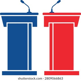 Political debate lecterns set. Red and blue voting icons. Presidential election speaking platforms. Public discussion stage graphics.