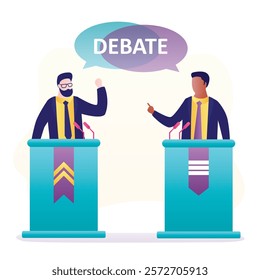 Political debate. Male politicians speak emotionally. African american and caucasian people on podium speaking into microphones. Political candidates, election campaign. flat vector illustration