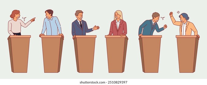 Political debate. Opponents arguing, people in formal suits behind stand, speaker characters, giving public speech, wooden desks, discussion or disagreement cartoon flat isolated vector set