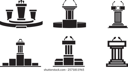 Political, debate, rostrum, lecture Podium set with Microphones and speaker Vector illustration silhouette and Realistic Design icon