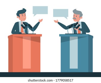 Political debate vector isolated. Two candidates on discussion,presidential election in USA. Men at the microphone on tribune.