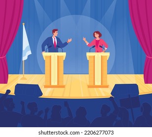 Political debates in audience. Government candidate speech of politician election, campaign congress broadcast politics conference on public stage, vector illustration of political debate audience