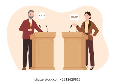 Political debates between two politicians and leaders at podiums vector illustration. Cartoon man and woman stand at tribunes on public meeting, candidates talk arguments in polemic conversation