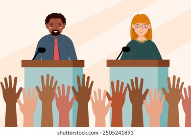 Political debates concept. The concept of elections. The concept of voting. Candidates for voting. Speakers speaking behind the podium. 