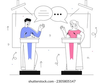 Political debates concept. Man and woman stand behind microphone stands. Public speaking orators. Debate and preelections campaign. Senator and president. Linear flat vector illustration