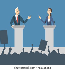 Political debates illustration. Man and woman politician discussing problems. svg