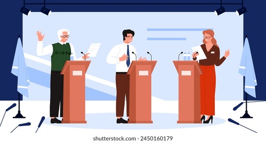 Debates políticos de líderes en los podios, campaña electoral y política. Políticos de ambos sexos parados en las tribunas con micrófonos, oradores reunidos para discutir Ilustración vectorial de caricaturas