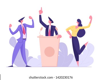 Political Debates, Pre-election Campaign Voting Process, Candidate Stand on Tribune for Promotion and Advertising Interview, Active Political Discussion, Debating, Cartoon Flat Vector Illustration