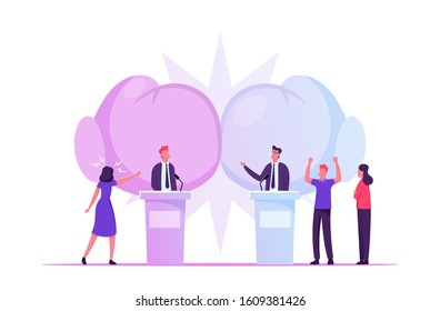 Political Debates, Pre-election Campaign Voting Process, Candidates Stand on Tribunes for Promotion and Advertising Interview, Active Political Discussion, Debating. Cartoon Flat Vector Illustration