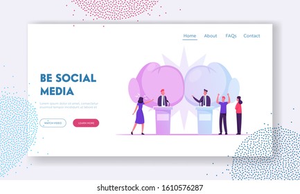 Political Debates, Pre-election Campaign Website Landing Page. Candidates Stand on Tribunes for Promotion and Active Political Discussion, Debating Web Page Banner. Cartoon Flat Vector Illustration