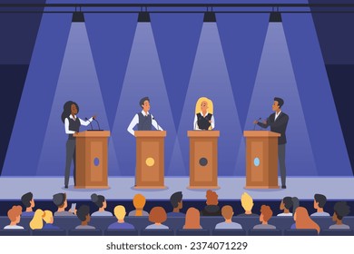 Political debates and speech of speakers on podiums vector illustration. Cartoon politicians on stage talking in front of audience, politics dialog of woman and man leaders speaking in spotlights