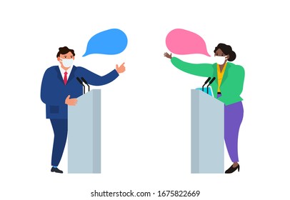 political debates two politicians man and woman in protective masks  coronavirus threat  vector illustration