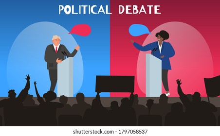 political debates two politicians man and woman on the stage election campaign vector illustration