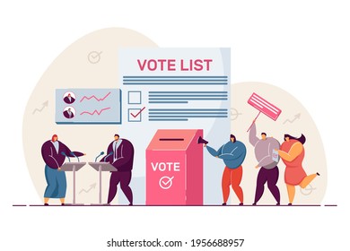 Political debates and voting, balloting citizens. Flat vector illustration. Holding election or referendum campaign, making civic choice or opinion. Voting, constitution, politics, democracy concept