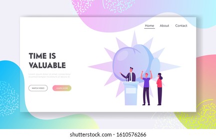 Political Debates Website Landing Page. People Support Speaker Candidate Standing on Tribune Giving Speech. Characters Execute Rights and Law Duties Web Page Banner. Cartoon Flat Vector Illustration