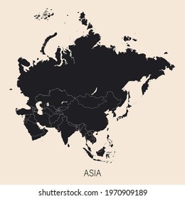 The political detailed map of the continent of Asia with full Russia with borders of countries