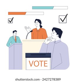 Political diversity. Citizens engaging in a multi-party electoral process. Political debates. Candidates on tribune. Freedom of speech and democracy. Flat vector illustration.