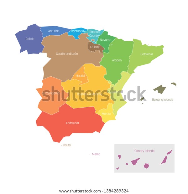Political\
divisions of Spain. Map of regional country administrative\
divisions. Colorful vector\
illustration.