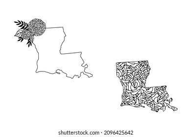 Political divisions of the US. State Louisiana. Floral map outlines on white background