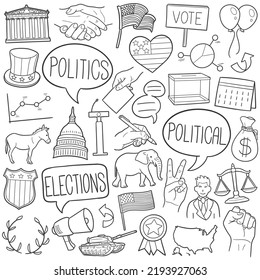 Political Doodle Icons. Hand Made Line Art. Politics Clipart Logotype Symbol Design.