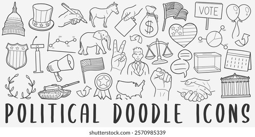 Political Doodle Icons. Hand Made Line Art. Politics Clipart Logotype Symbol Design.