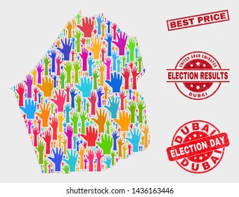 Political Dubai Emirate map and seal stamps. Red rectangle Best Price scratched seal stamp. Colorful Dubai Emirate map mosaic of raised raising hands. Vector combination for election day,