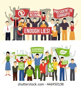 Political and ecological demonstrations horizontal banners with crowd demanding people with flags placards isolated vector illustration  