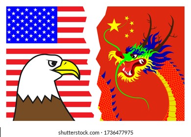 Political and economic confrontation, struggle, rivalry between the US and China. Eagle on the background of the American flag against the Dragon on the background of the Chinese flag. Vector