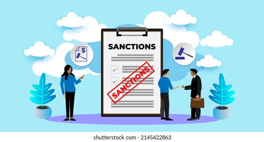 Political And Economy Concept Of Sanctions With Icons. Cartoon Vector People Illustration