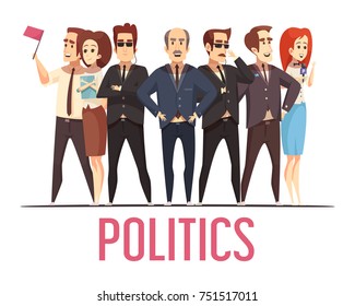 Political election campaign leading candidates public appearance with bodyguards and spouses cartoon characters composition poster vector illustration 