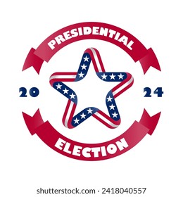 Political election campaign. Stylized star with american flag colors and symbols. Presidential election 2024 in USA. Election poster for voting day in United States. Print of t-shirt.