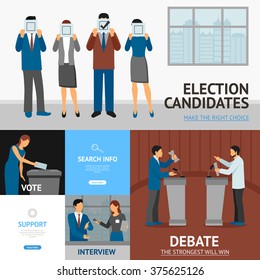 Political Election Candidates Promises Debates And Interview Information Online 4 Flat Banners Composition Abstract Flat Vector Illustration 