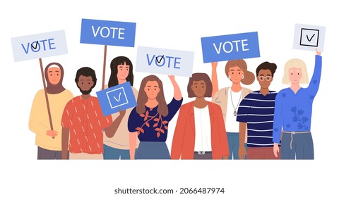 Political election concept. Group of different people with posters calling for voting. Choice of candidate for post of president. Men and women choose government. Cartoon flat vector illustration