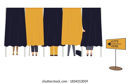 Political election process. Bundle of people are in the voting booths putting ballots in box at polling station, choosing candidate or voting for politicians. Vector cartoon illustration