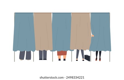 Political election process. Bundle of people are in the voting booths putting ballots in box at polling station, choosing candidate or voting for politicians. Vector cartoon illustration