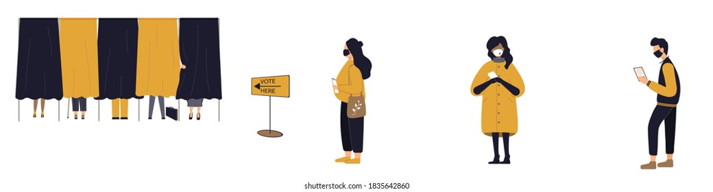 Political election process during virus epidemic. People in protective masks are in queue and voting booths with ballots at polling station, choosing candidate or politicians.Vector illustration