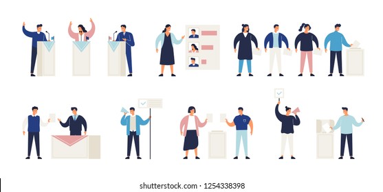 Political election process set. Bundle of people putting ballots in box at polling station, choosing candidate or voting, politicians taking part in debate, agitators. Isometric vector illustration.