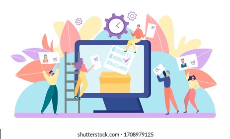 Political elections concept, tiny people voting for candidate, cartoon characters vector illustration. Men and women make decision and choose new president online, party leader mayor. Modern community