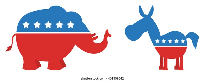 Political Elephant Republican Vs Donkey Democrat. Vector Illustration Flat Design Style Isolated On White