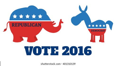 Political Elephant Republican Vs Donkey Democrat. Vector Illustration Flat Design Style Isolated On White With Text Vote 2016